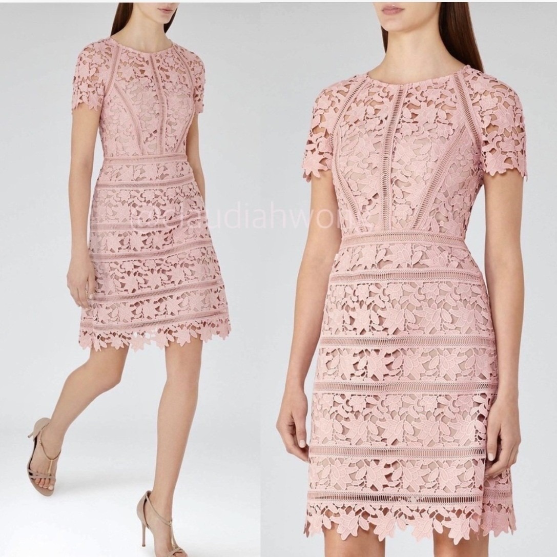 Reiss Floral Guipure Orchid Lace Dress Sz 0 Blush Pink Short Sleeve Sheath